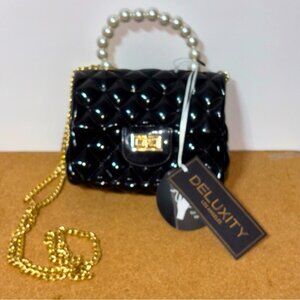 Deluxity Black Quilted Women's Bag Purse Mini Jelly PVC Pearl Handle Chain